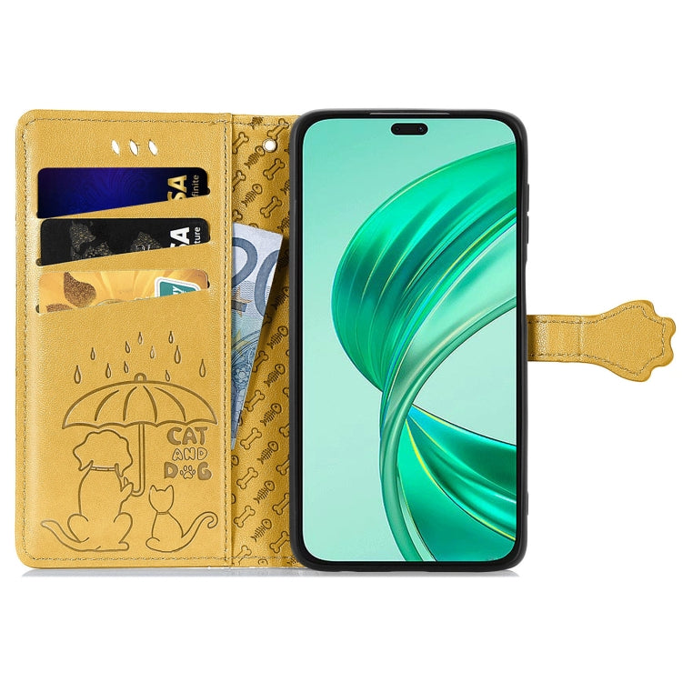 For Honor X8b Cat and Dog Embossed Leather Phone Case(Yellow)