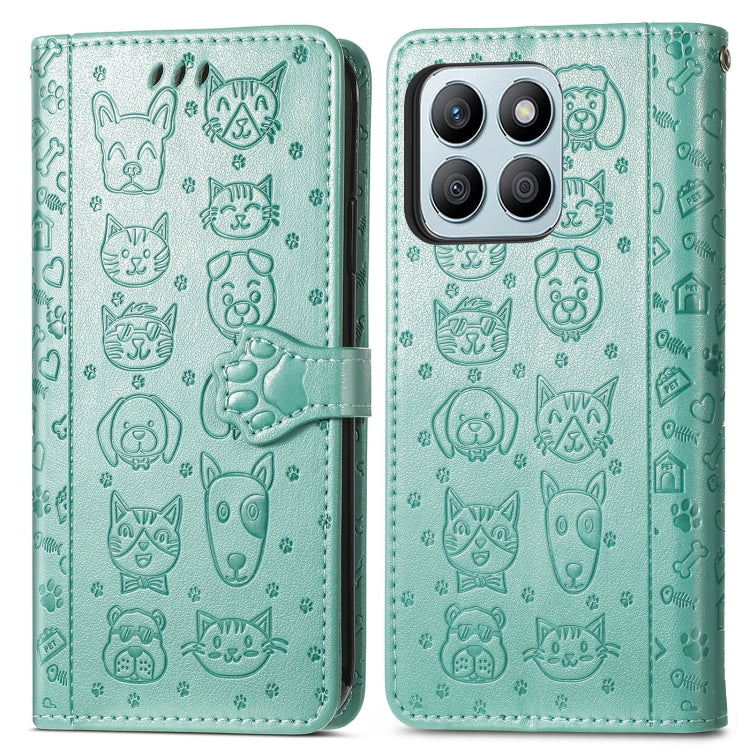 For Honor X8b Cat and Dog Embossed Leather Phone Case(Green)