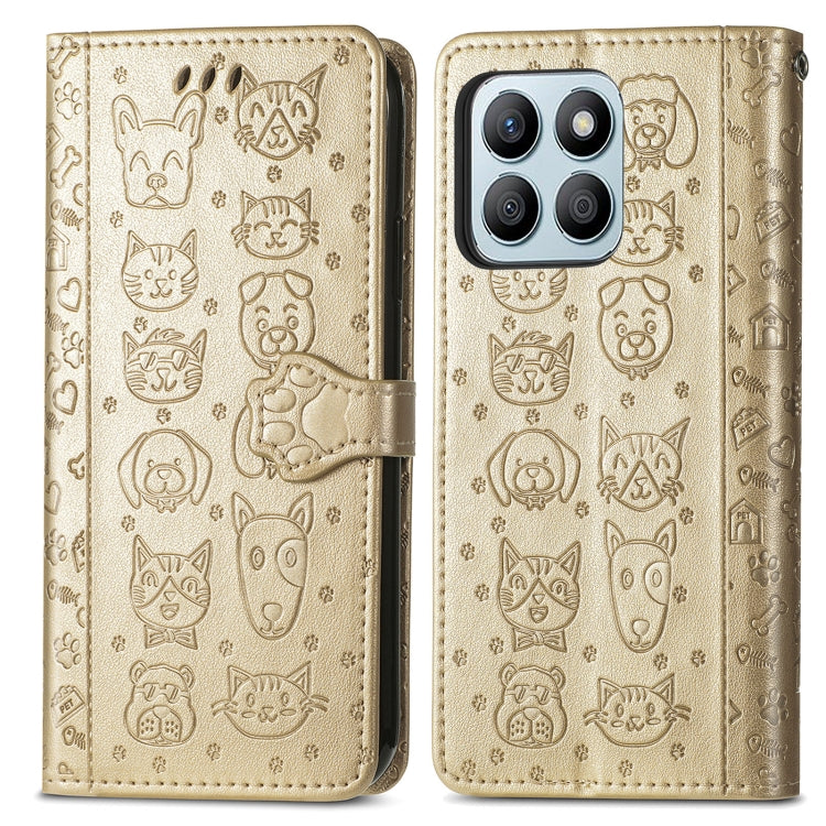 For Honor X8b Cat and Dog Embossed Leather Phone Case(Gold)