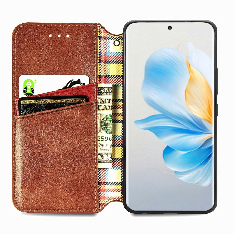 For Honor 100 5G Cubic Grid Pressed Magnetic Leather Phone Case(Brown)