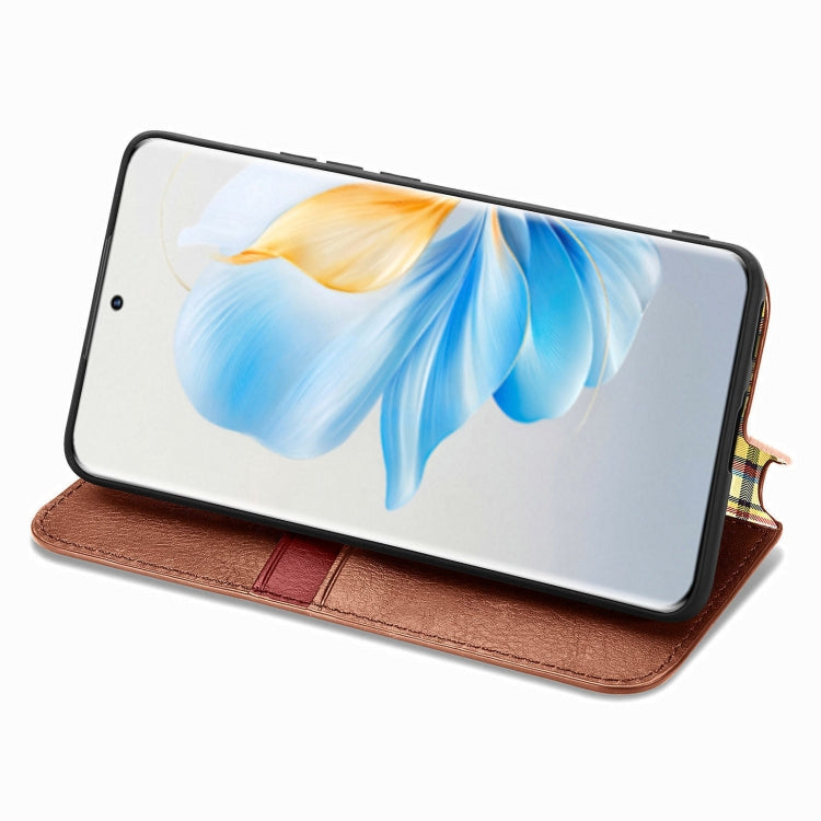 For Honor 100 5G Cubic Grid Pressed Magnetic Leather Phone Case(Brown)