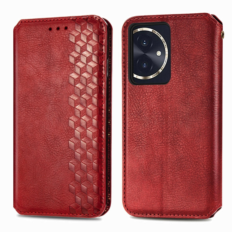 For Honor 100 5G Cubic Grid Pressed Magnetic Leather Phone Case(Red)
