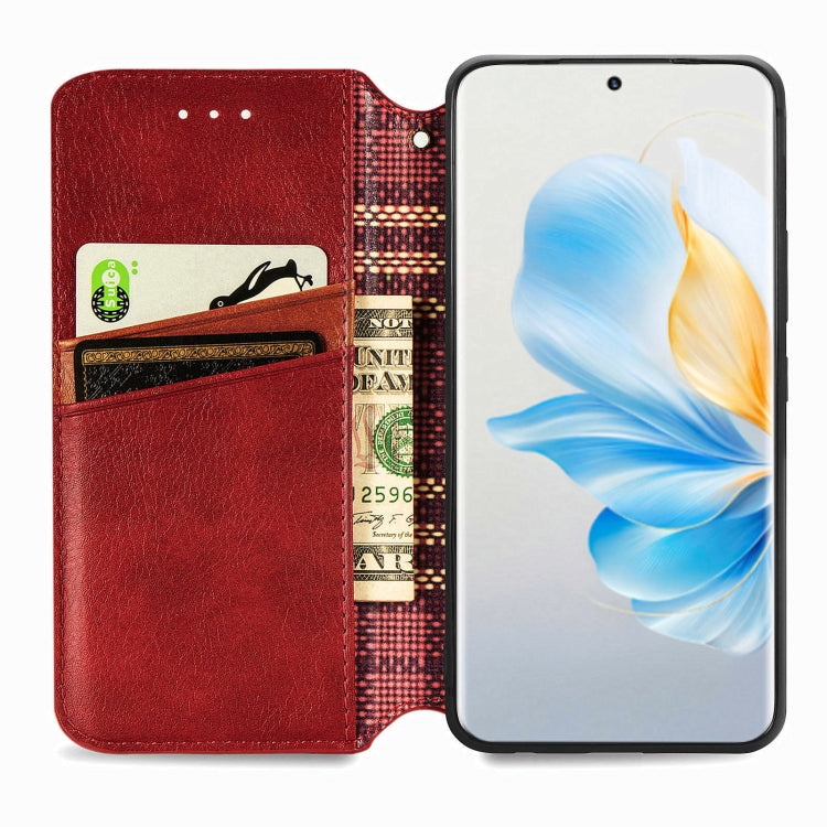 For Honor 100 5G Cubic Grid Pressed Magnetic Leather Phone Case(Red)