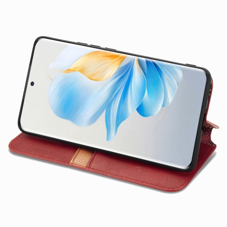 For Honor 100 5G Cubic Grid Pressed Magnetic Leather Phone Case(Red)