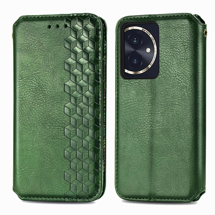 For Honor 100 5G Cubic Grid Pressed Magnetic Leather Phone Case(Green)