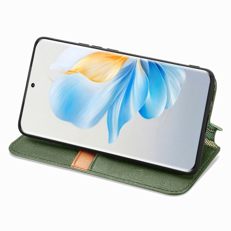 For Honor 100 5G Cubic Grid Pressed Magnetic Leather Phone Case(Green)