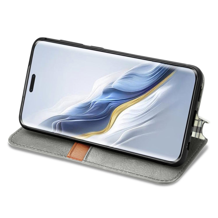 For Honor Magic6 Pro Cubic Grid Pressed Magnetic Leather Phone Case(Grey)