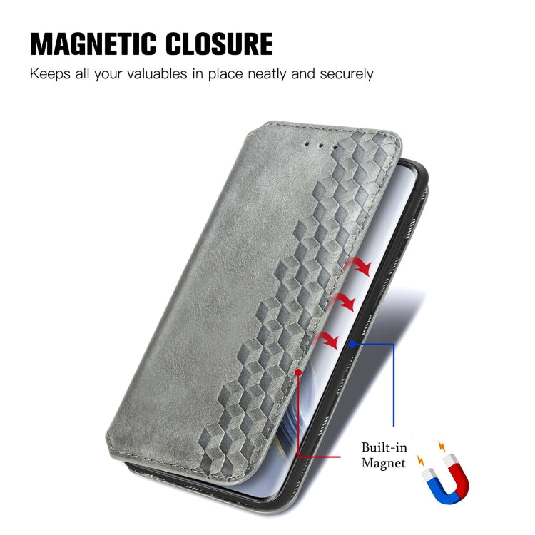 For Honor Magic6 Pro Cubic Grid Pressed Magnetic Leather Phone Case(Grey)