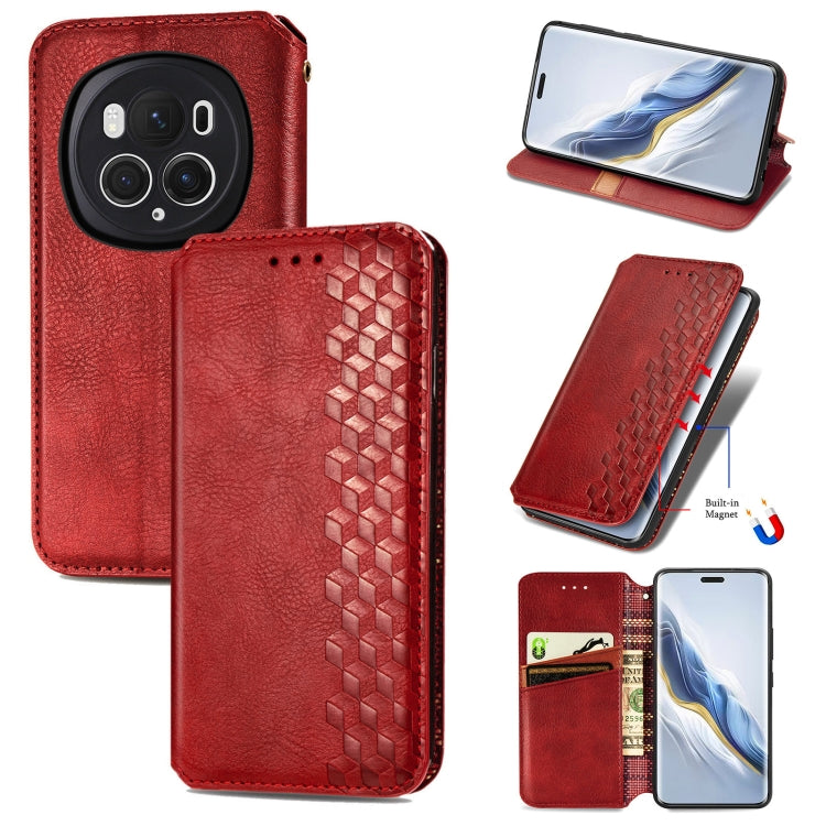 For Honor Magic6 Pro Cubic Grid Pressed Magnetic Leather Phone Case(Red)