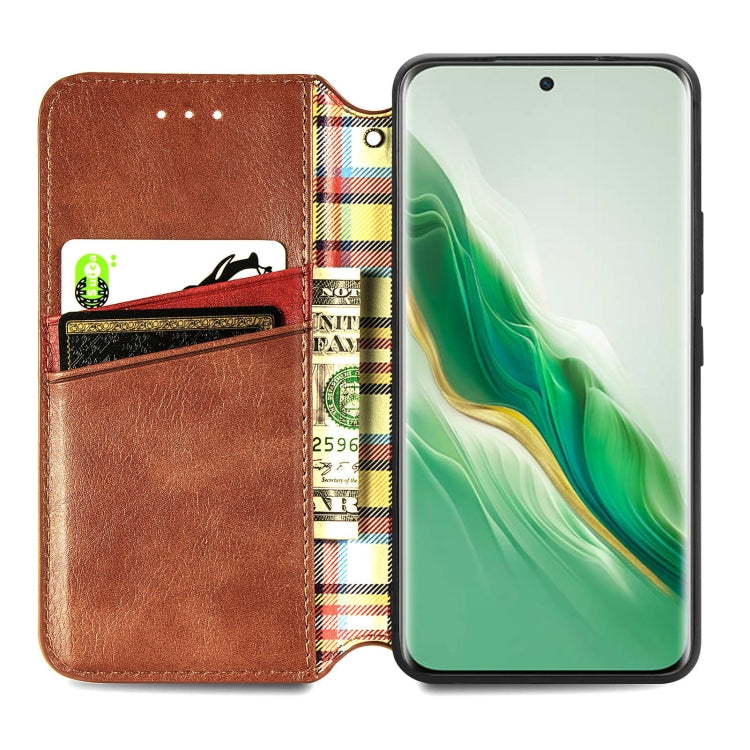 For Honor Magic6 Cubic Grid Pressed Magnetic Leather Phone Case(Brown)