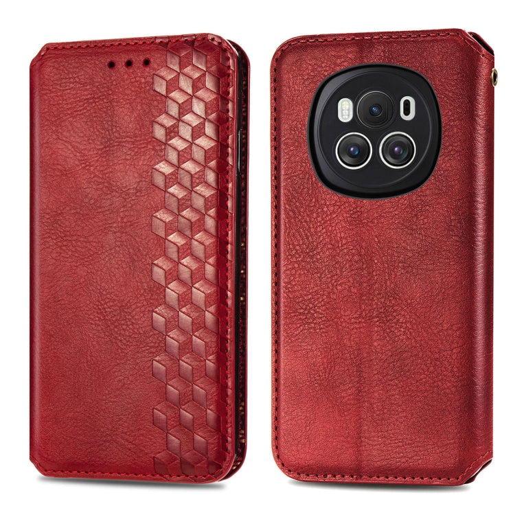 For Honor Magic6 Cubic Grid Pressed Magnetic Leather Phone Case(Red)