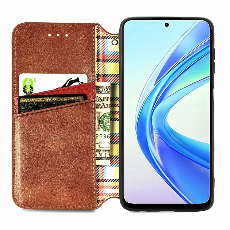 For Honor X7b 4G Cubic Grid Pressed Magnetic Leather Phone Case(Brown)