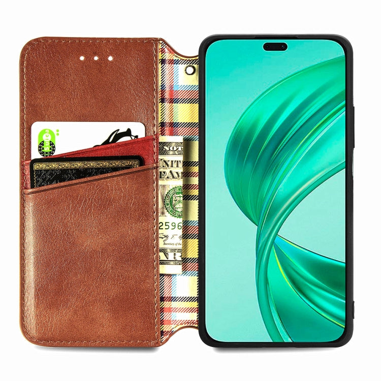 For Honor X8b 4G Cubic Grid Pressed Magnetic Leather Phone Case(Brown)