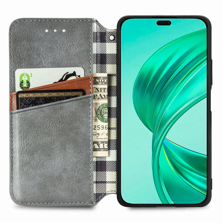 For Honor X8b 4G Cubic Grid Pressed Magnetic Leather Phone Case(Grey)