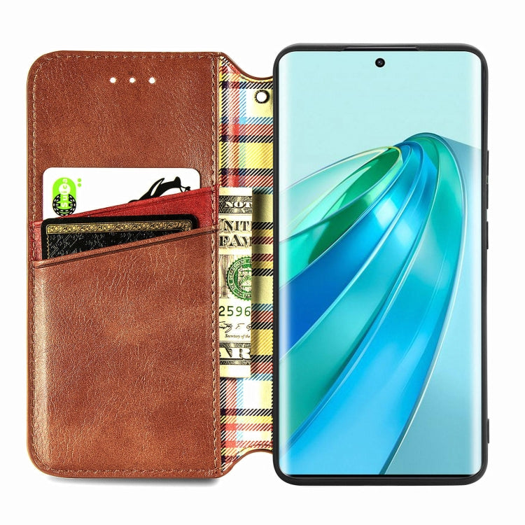 For Honor X9a Cubic Grid Pressed Magnetic Leather Phone Case(Brown)