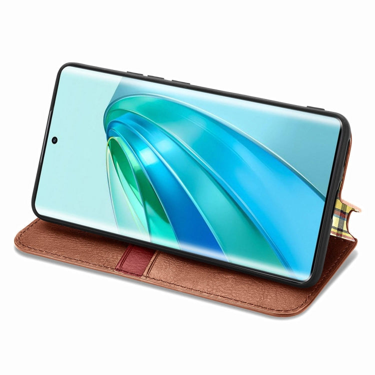 For Honor X9a Cubic Grid Pressed Magnetic Leather Phone Case(Brown)