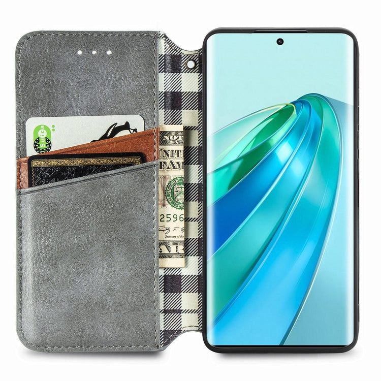 For Honor X9a Cubic Grid Pressed Magnetic Leather Phone Case(Grey)