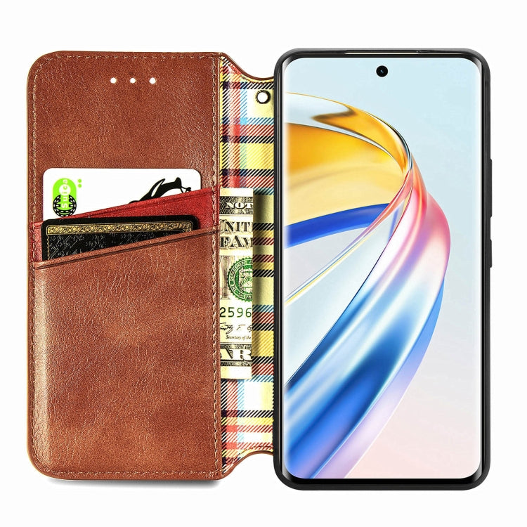 For Honor X9b 4G Cubic Grid Pressed Magnetic Leather Phone Case(Brown)