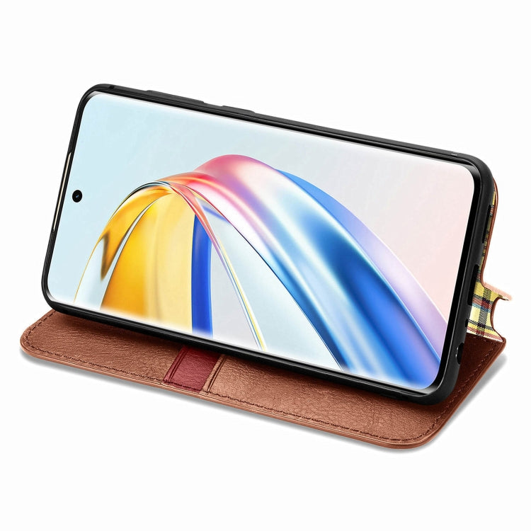 For Honor X9b 4G Cubic Grid Pressed Magnetic Leather Phone Case(Brown)