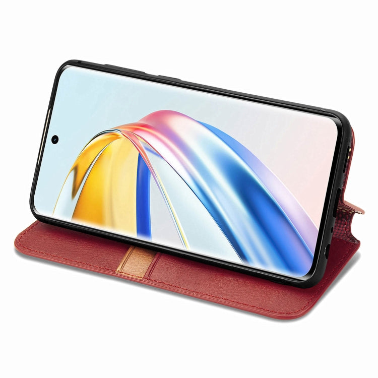 For Honor X9b 4G Cubic Grid Pressed Magnetic Leather Phone Case(Red)