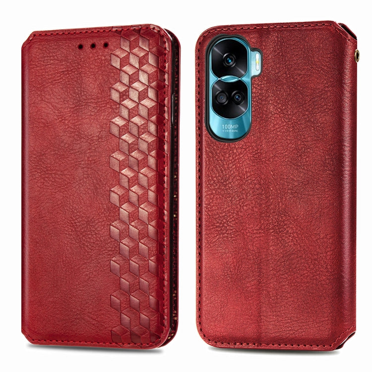 For Honor X50i Cubic Grid Pressed Magnetic Leather Phone Case(Red)