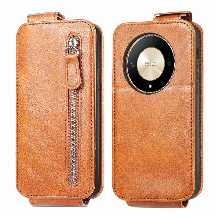 For Honor X9b Zipper Wallet Vertical Flip Leather Phone Case(Brown)