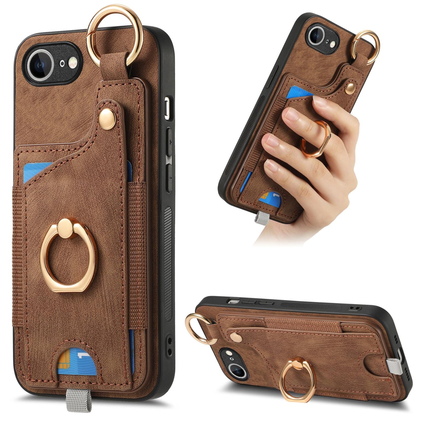 For iPhone 16e Retro Skin-feel Ring Card Bag Phone Case with Hang Loop(Brown)