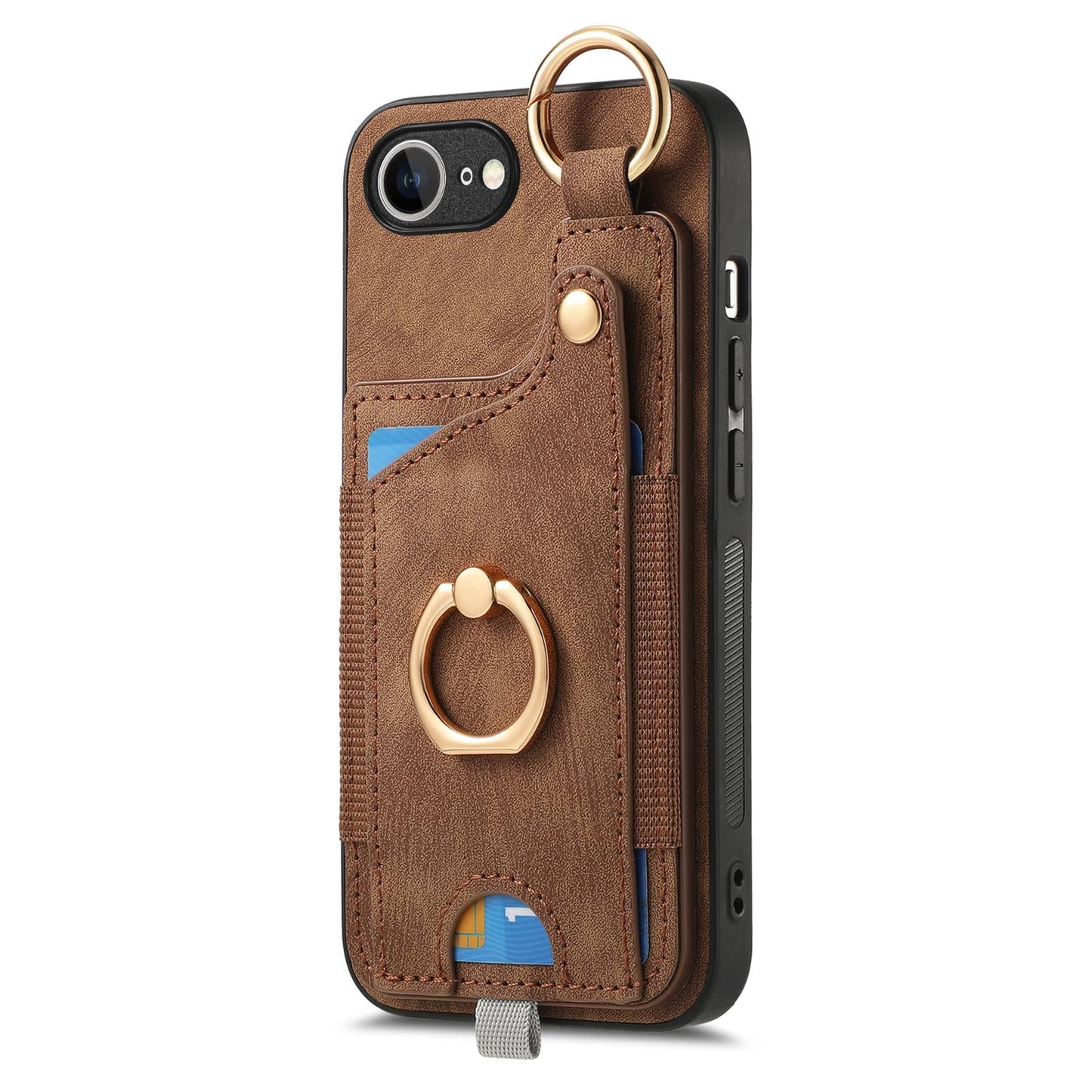 For iPhone 16e Retro Skin-feel Ring Card Bag Phone Case with Hang Loop(Brown)