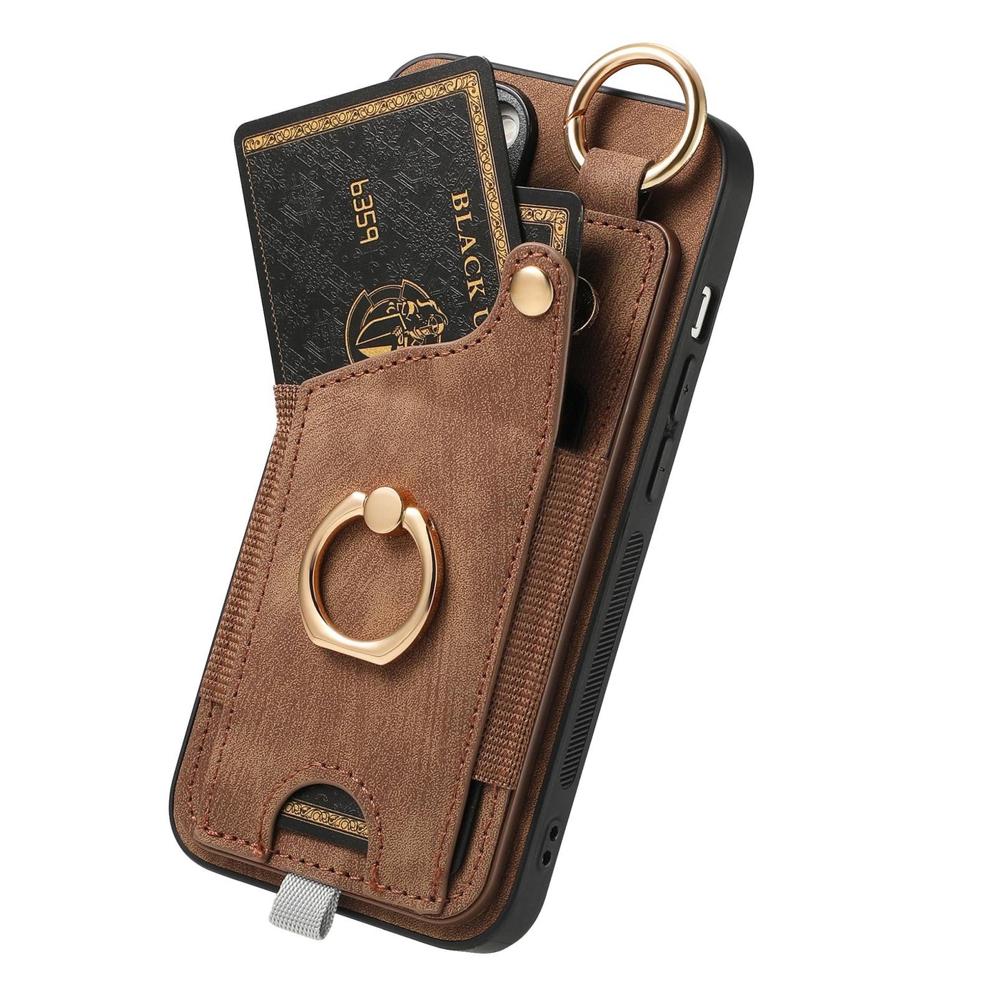 For iPhone 16e Retro Skin-feel Ring Card Bag Phone Case with Hang Loop(Brown)