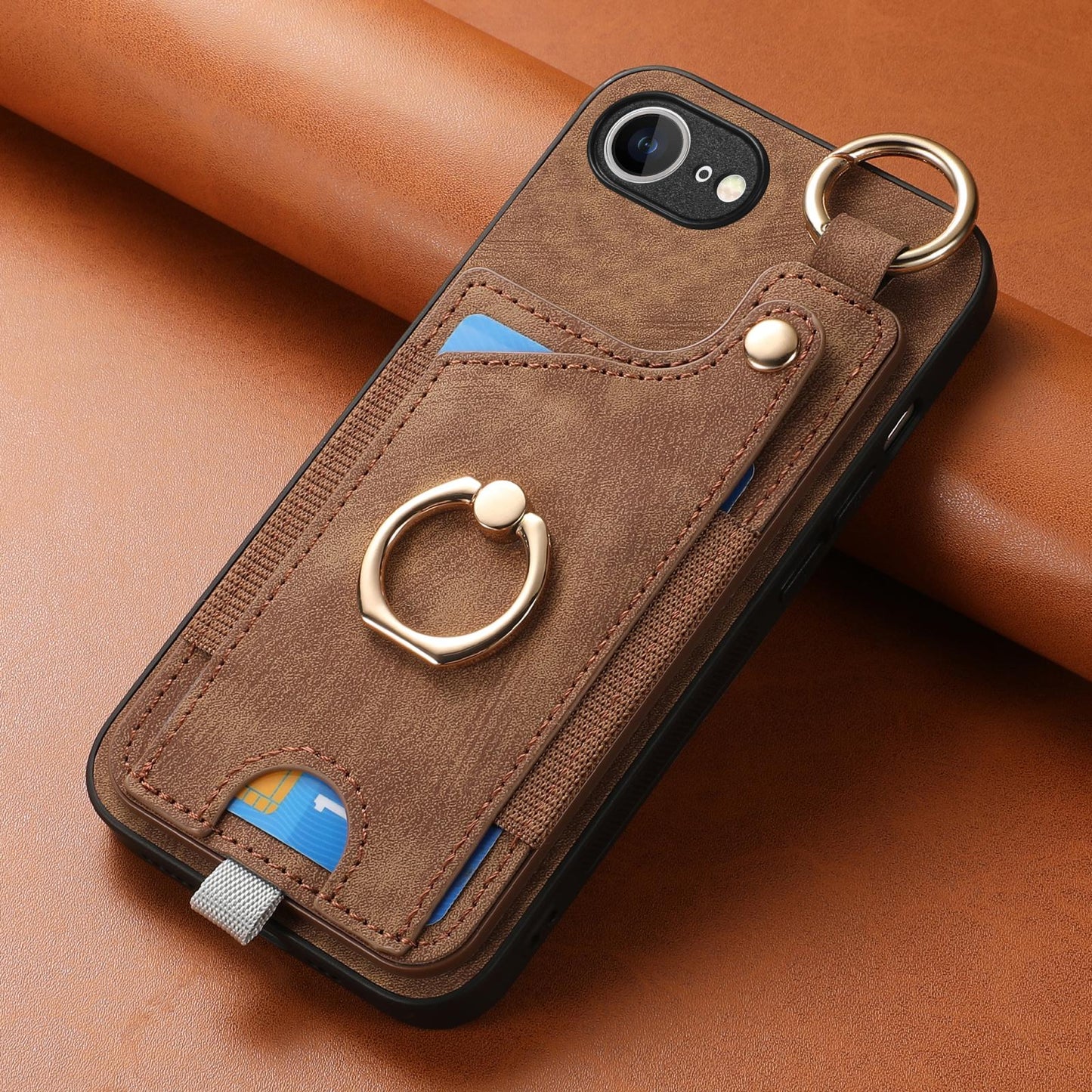 For iPhone 16e Retro Skin-feel Ring Card Bag Phone Case with Hang Loop(Brown)
