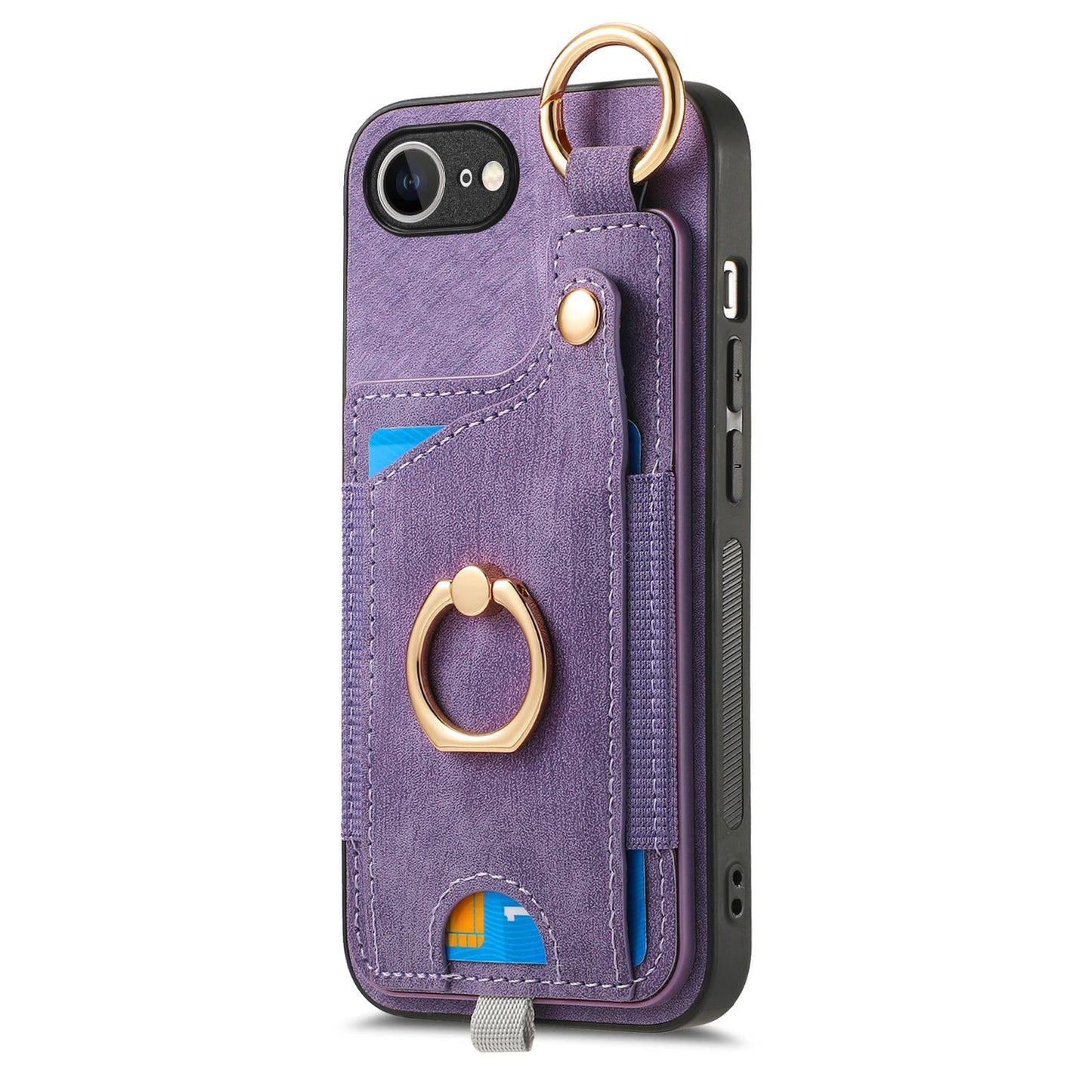 For iPhone 16e Retro Skin-feel Ring Card Bag Phone Case with Hang Loop(Purple)