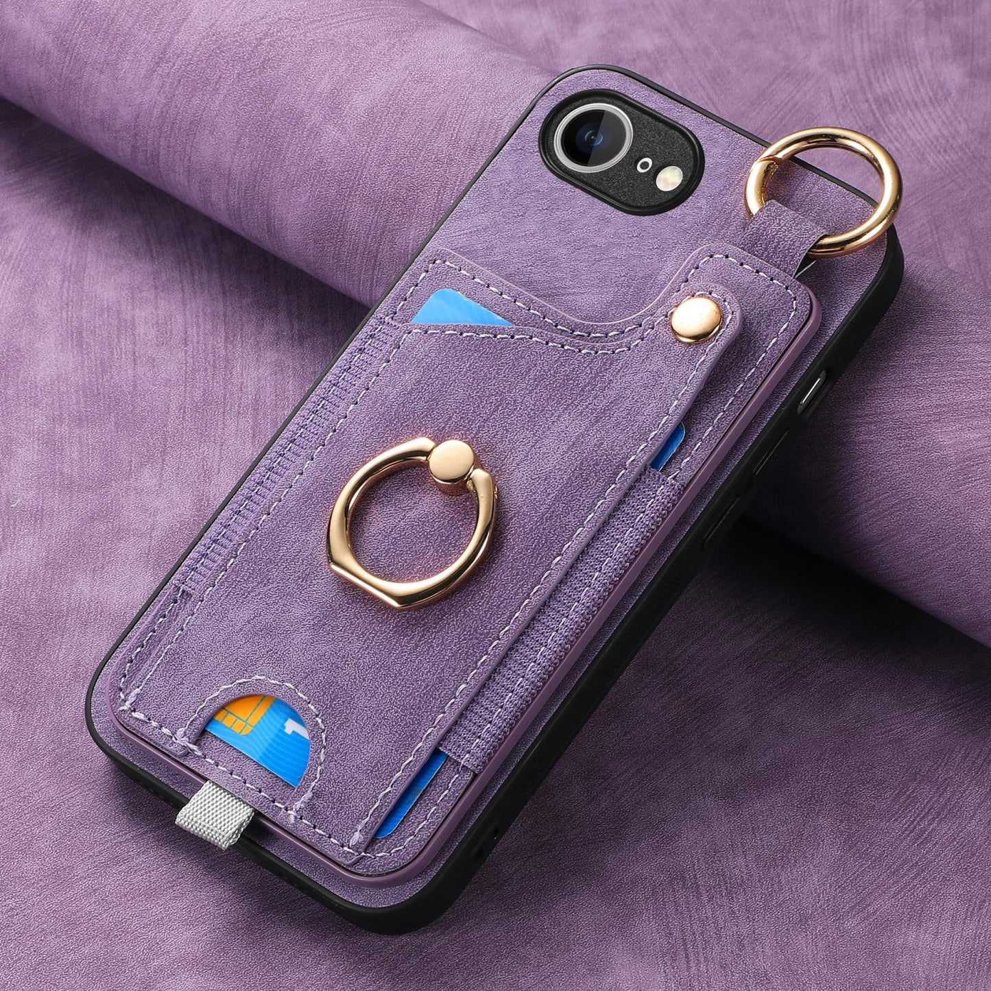 For iPhone 16e Retro Skin-feel Ring Card Bag Phone Case with Hang Loop(Purple)