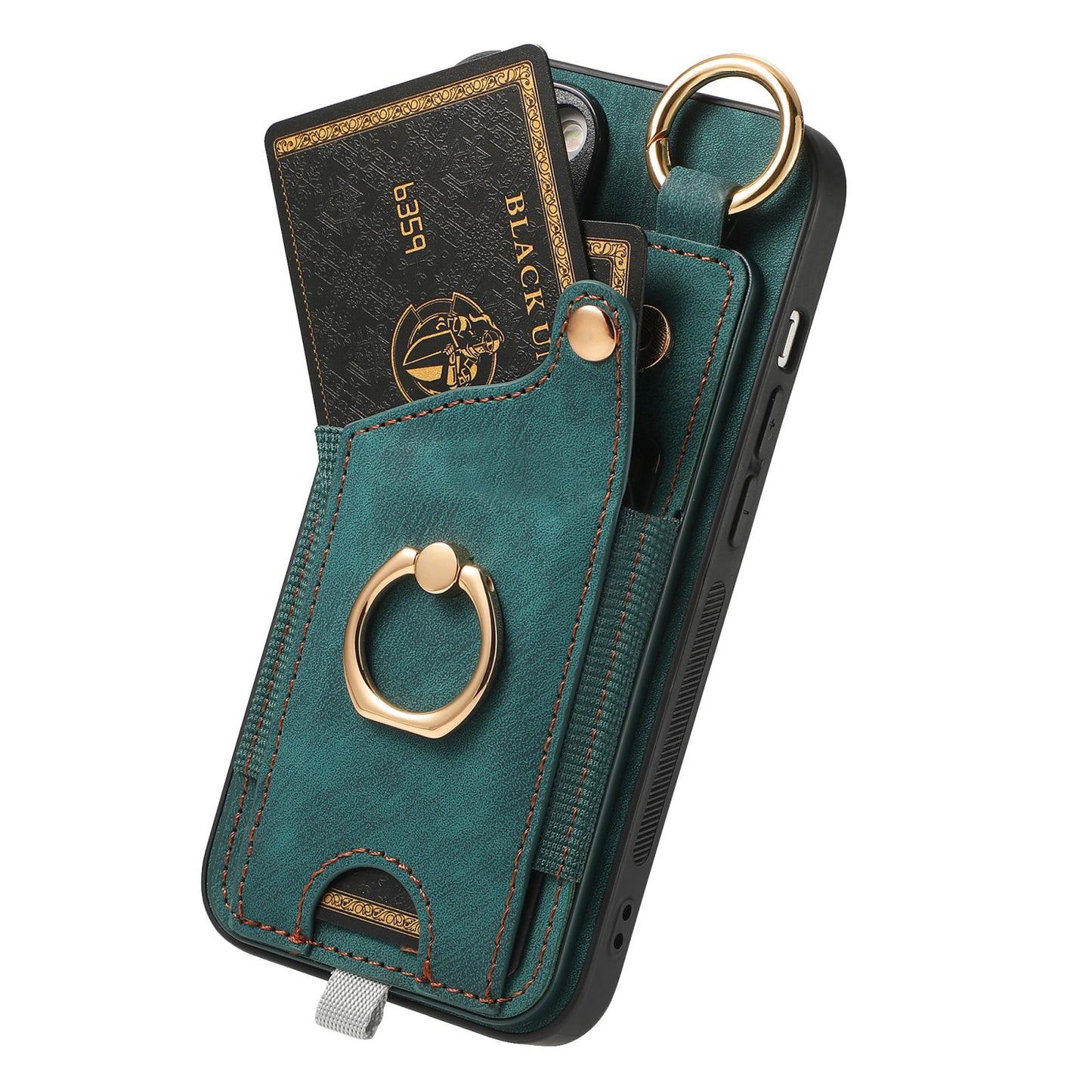 For iPhone 16e Retro Skin-feel Ring Card Bag Phone Case with Hang Loop(Green)
