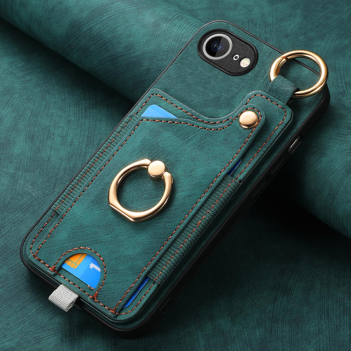 For iPhone 16e Retro Skin-feel Ring Card Bag Phone Case with Hang Loop(Green)