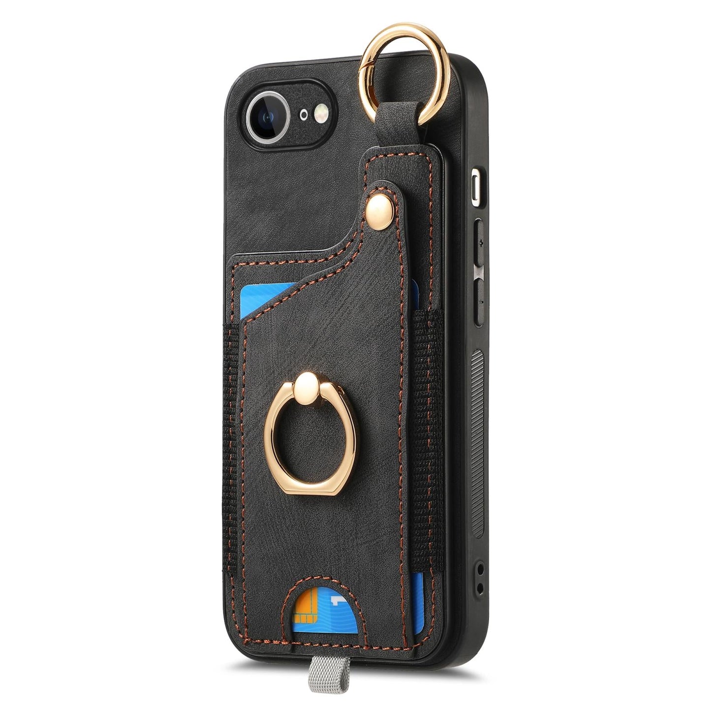 For iPhone 16e Retro Skin-feel Ring Card Bag Phone Case with Hang Loop(Black)