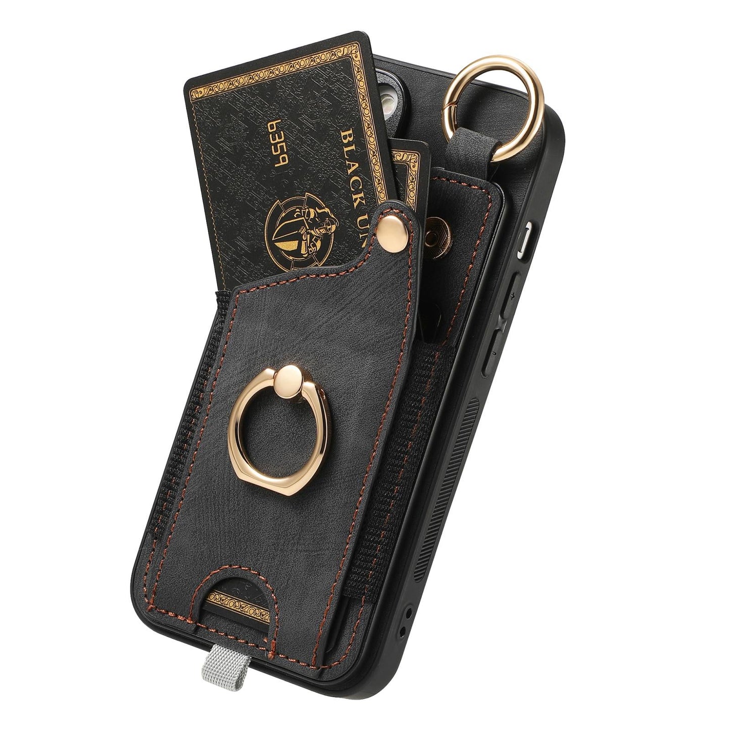 For iPhone 16e Retro Skin-feel Ring Card Bag Phone Case with Hang Loop(Black)