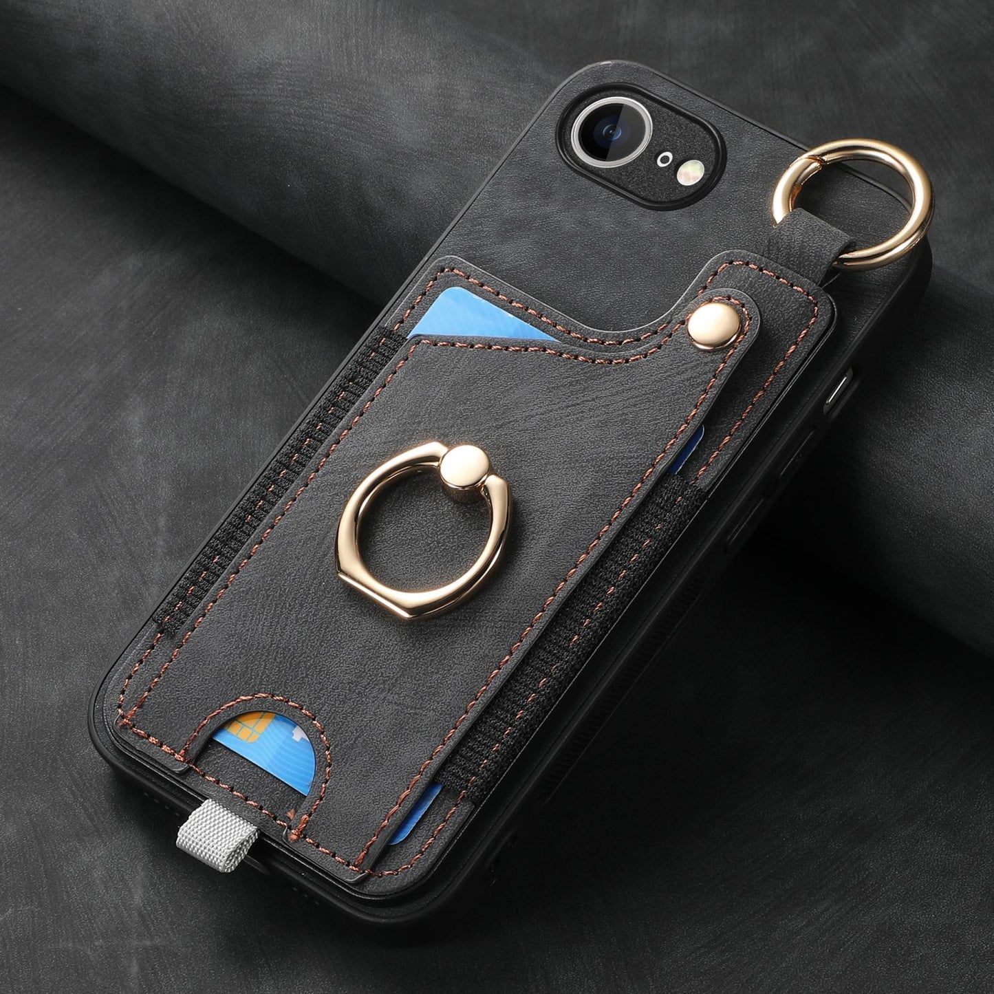 For iPhone 16e Retro Skin-feel Ring Card Bag Phone Case with Hang Loop(Black)