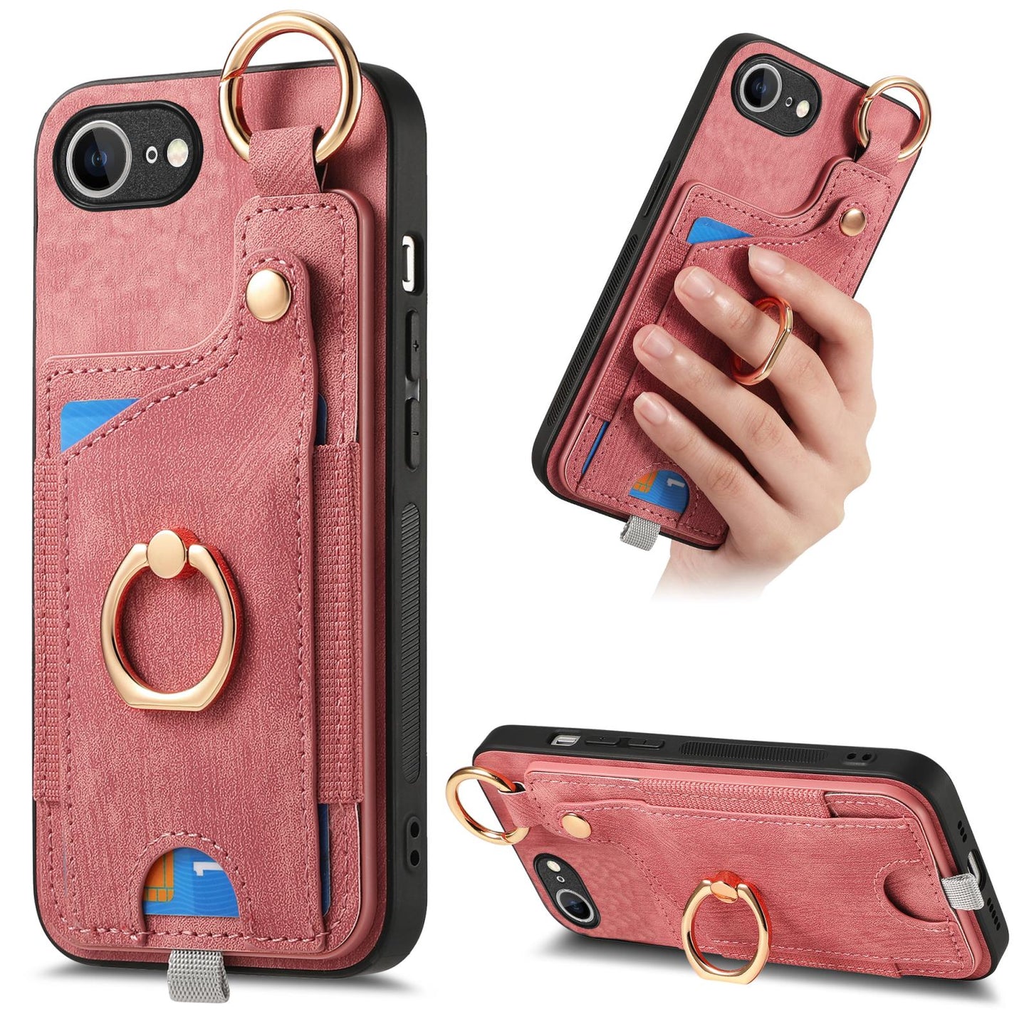 For iPhone 16e Retro Skin-feel Ring Card Bag Phone Case with Hang Loop(Pink)