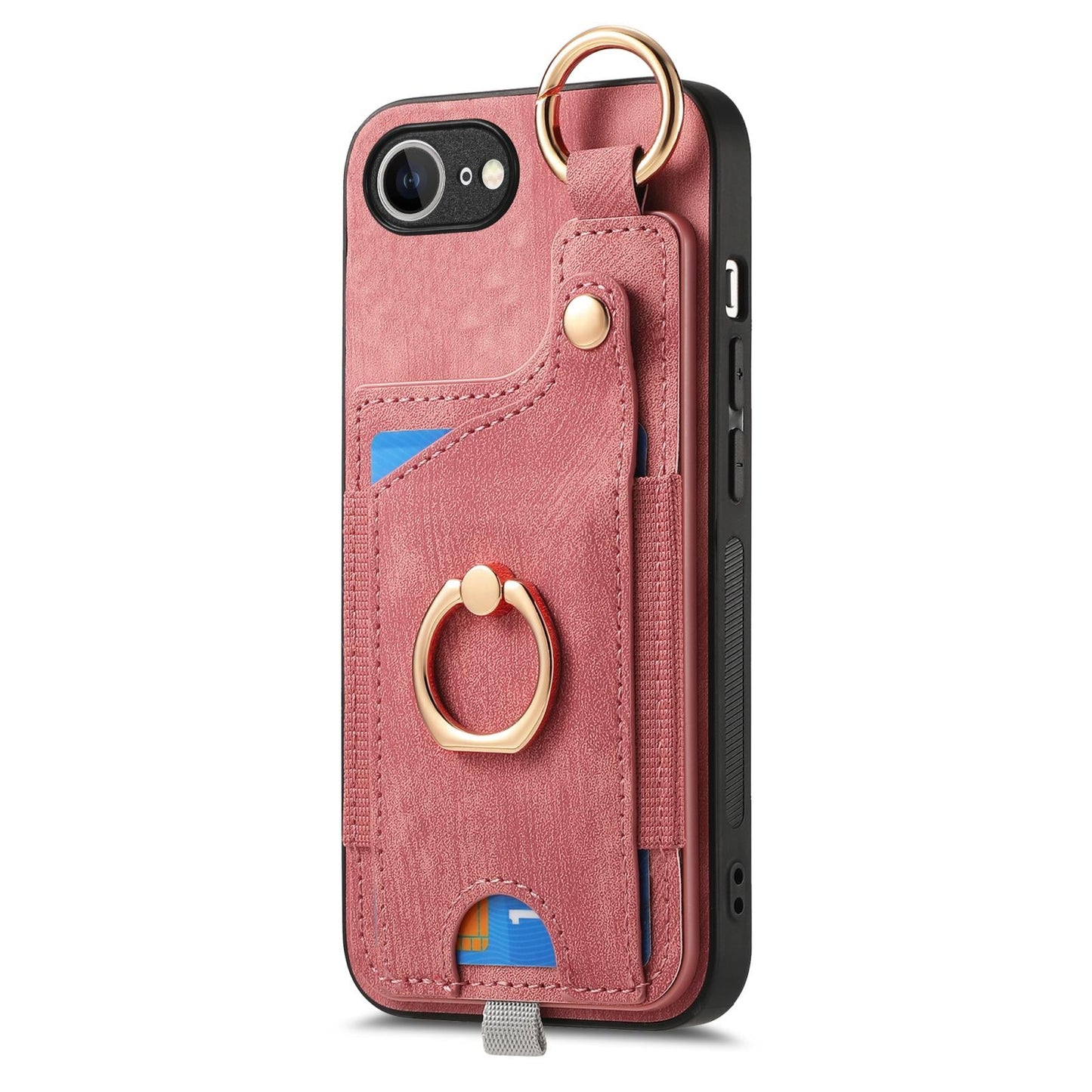 For iPhone 16e Retro Skin-feel Ring Card Bag Phone Case with Hang Loop(Pink)