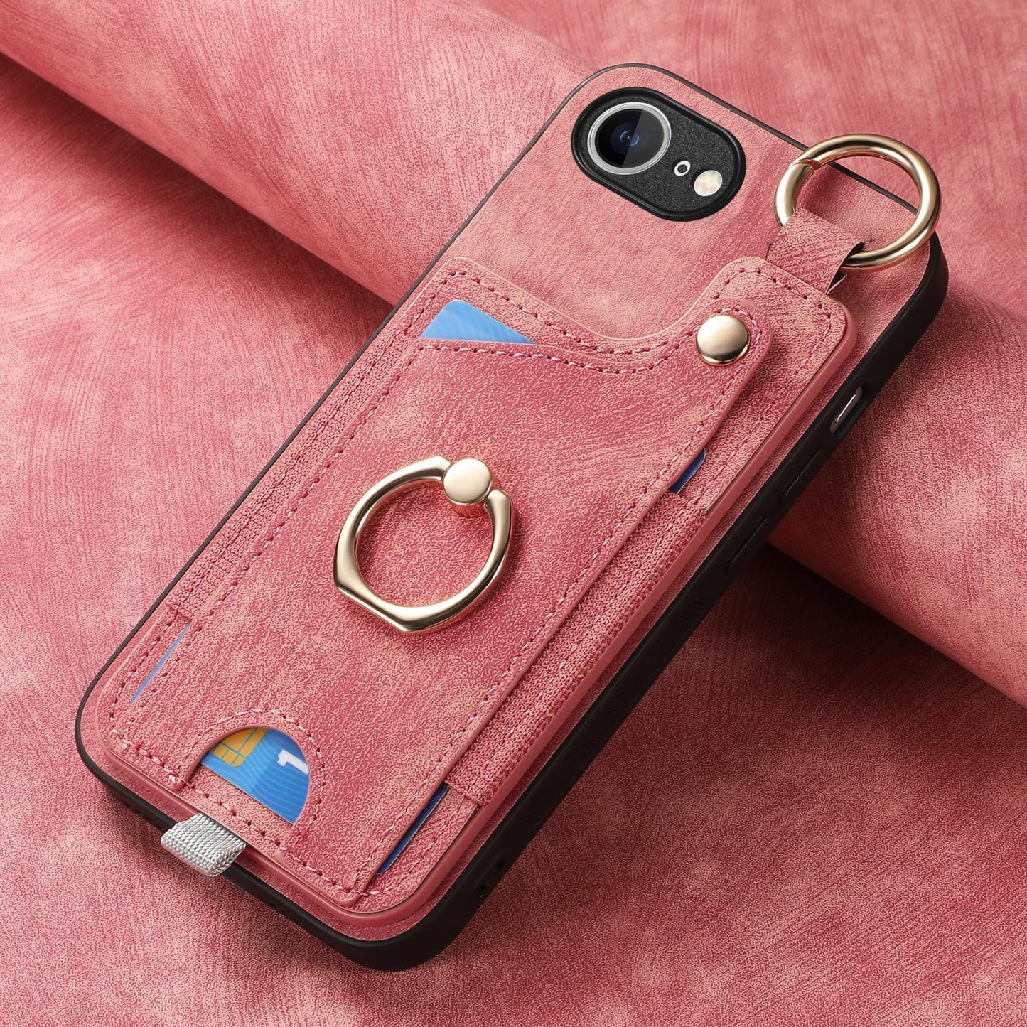 For iPhone 16e Retro Skin-feel Ring Card Bag Phone Case with Hang Loop(Pink)