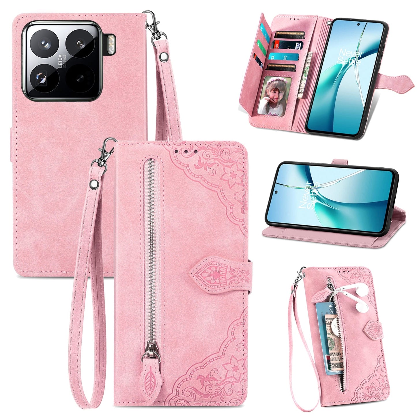 For Xiaomi 15 Pro Embossed Flower Zipper Leather Phone Case(Pink)
