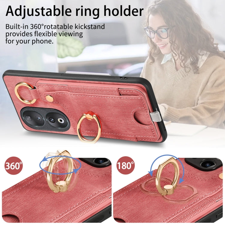 For Honor 90 Retro Skin-feel Ring Card Bag Phone Case with Hang Loop(Pink)