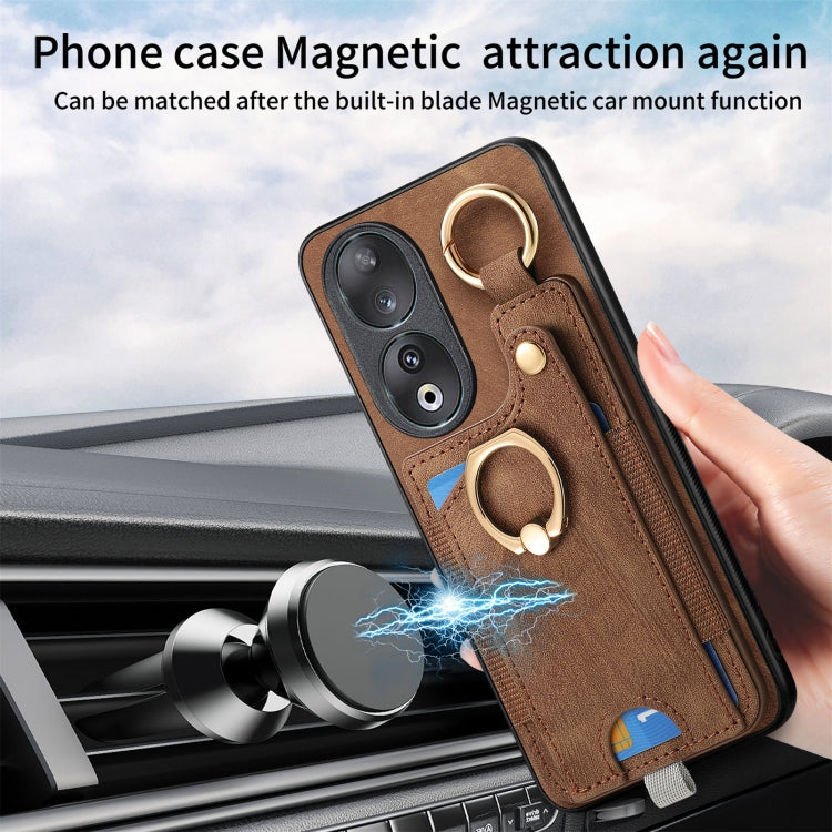 For Honor 90 Retro Skin-feel Ring Card Bag Phone Case with Hang Loop(Brown)
