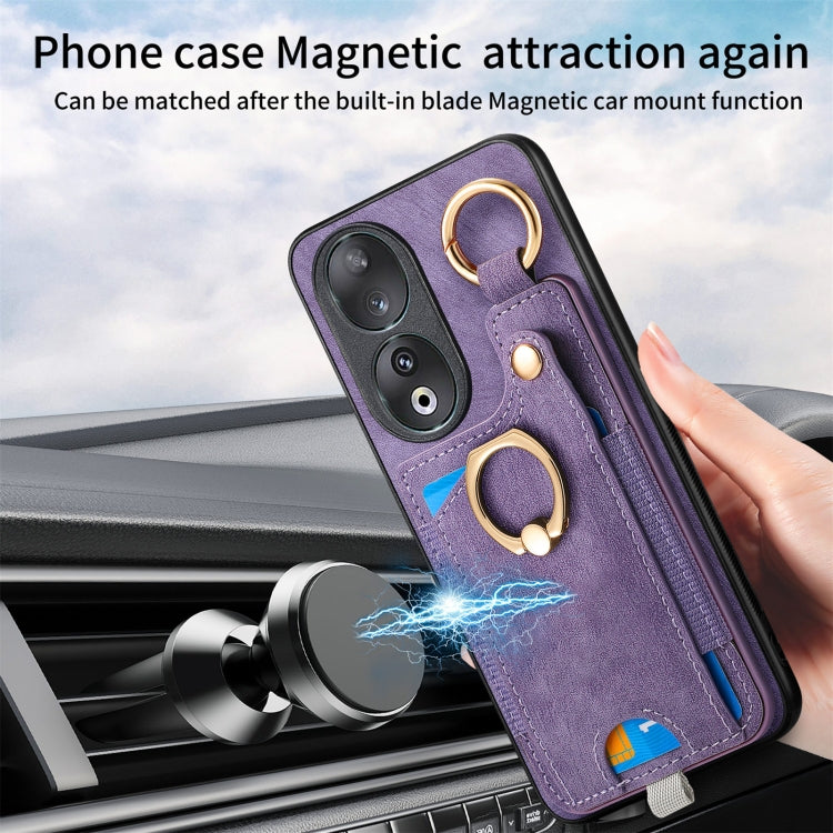For Honor 90 Retro Skin-feel Ring Card Bag Phone Case with Hang Loop(Purple)