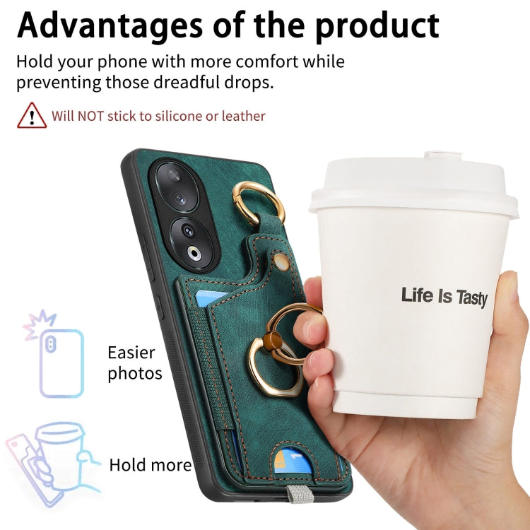 For Honor 90 Retro Skin-feel Ring Card Bag Phone Case with Hang Loop(Green)
