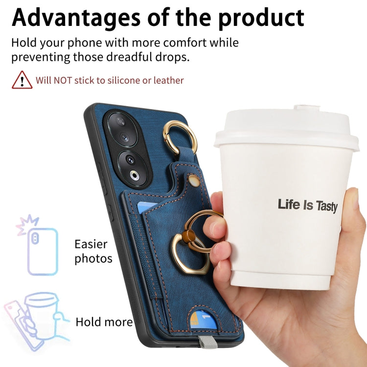 For Honor 90 Retro Skin-feel Ring Card Bag Phone Case with Hang Loop(Blue)
