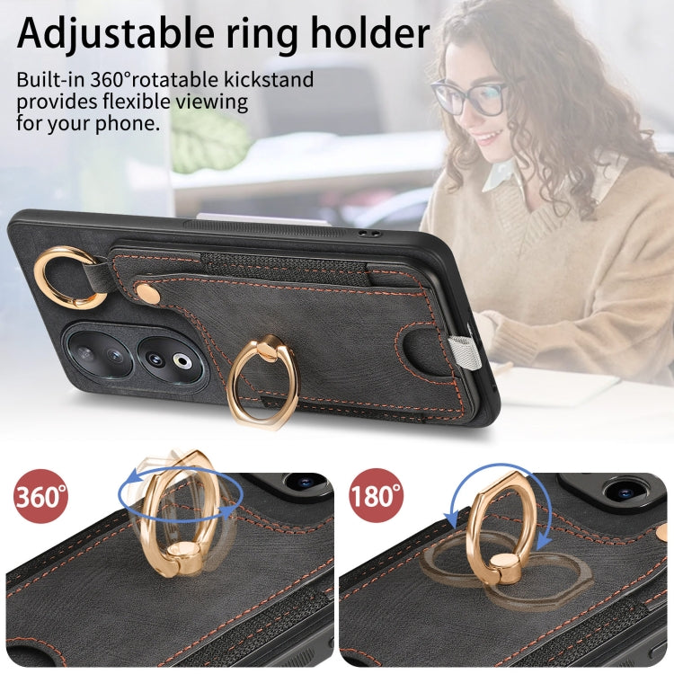 For Honor 90 Retro Skin-feel Ring Card Bag Phone Case with Hang Loop(Black)
