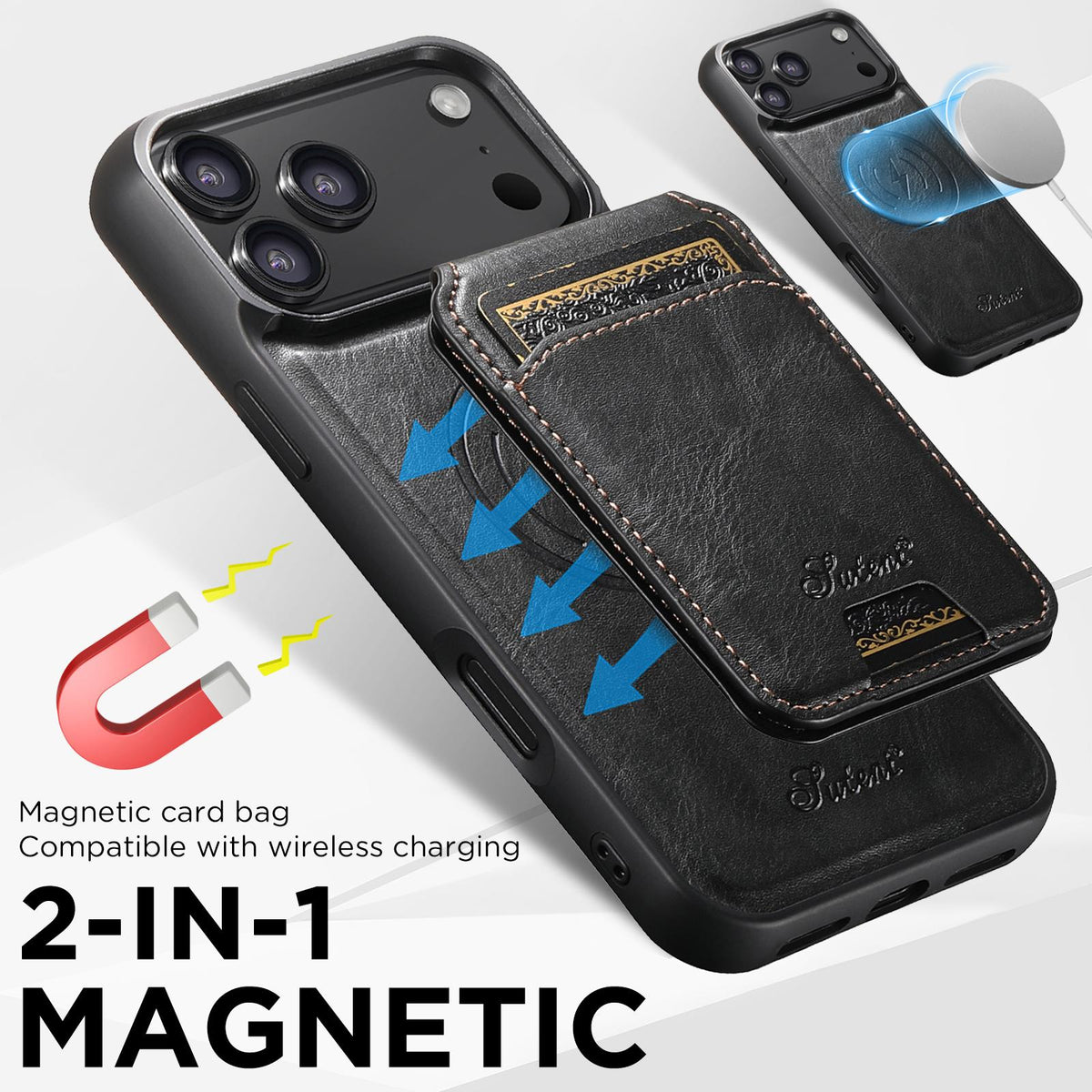 Compatible with iPhone 18 Pro Max Suteni H15 MagSafe Oil Eax Leather Detachable Wallet Back Phone Case - Black