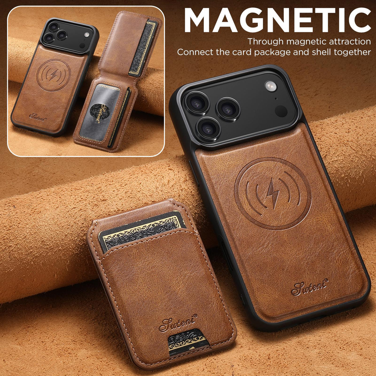 Compatible with iPhone 18 Pro Max Suteni H15 MagSafe Oil Eax Leather Detachable Wallet Back Phone Case - Brown