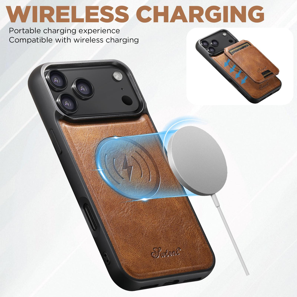 Compatible with iPhone 18 Pro Max Suteni H15 MagSafe Oil Eax Leather Detachable Wallet Back Phone Case - Brown